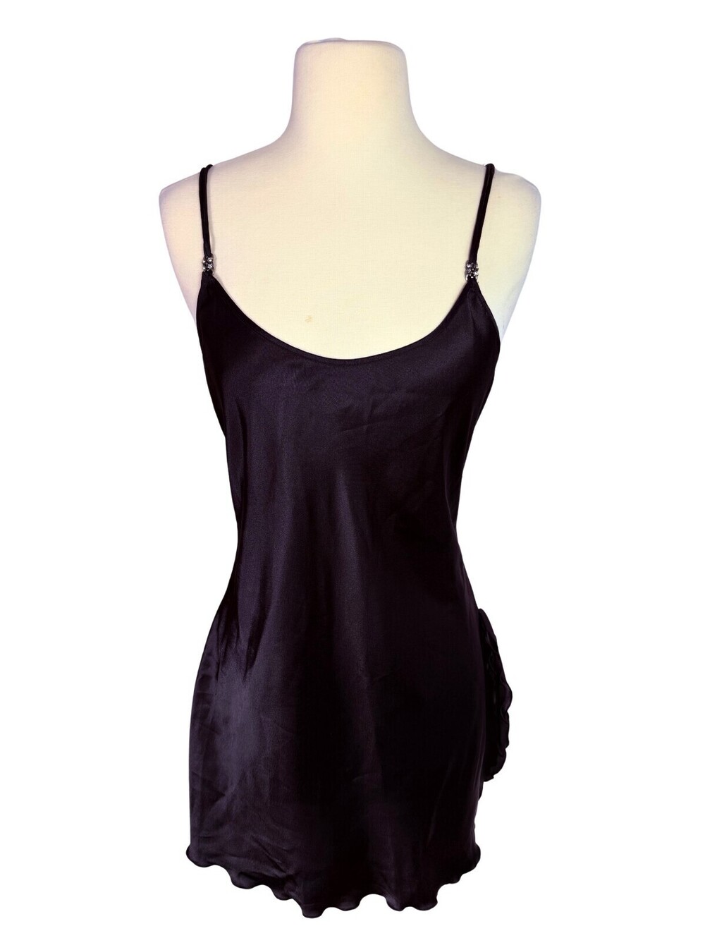 Andra Lingerie Italy Black Satin Slip Dress Rhinestone Strappy Back S/M